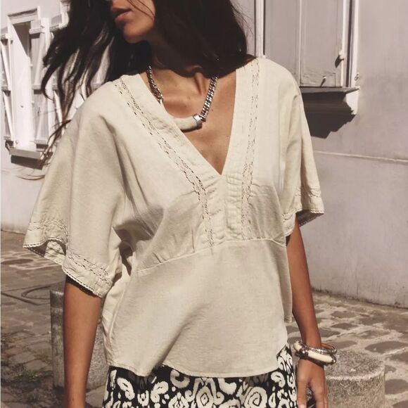 ZARA LINEN TOP WITH LACE DETAILS - Picture 4 of 8